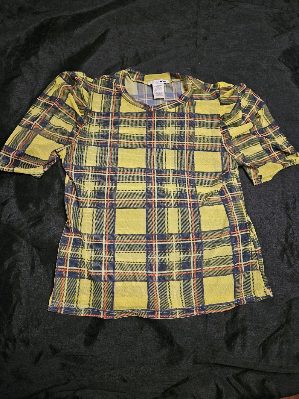 Fashion Nova Mesh Yellow Plaid Puff Sleeve Top